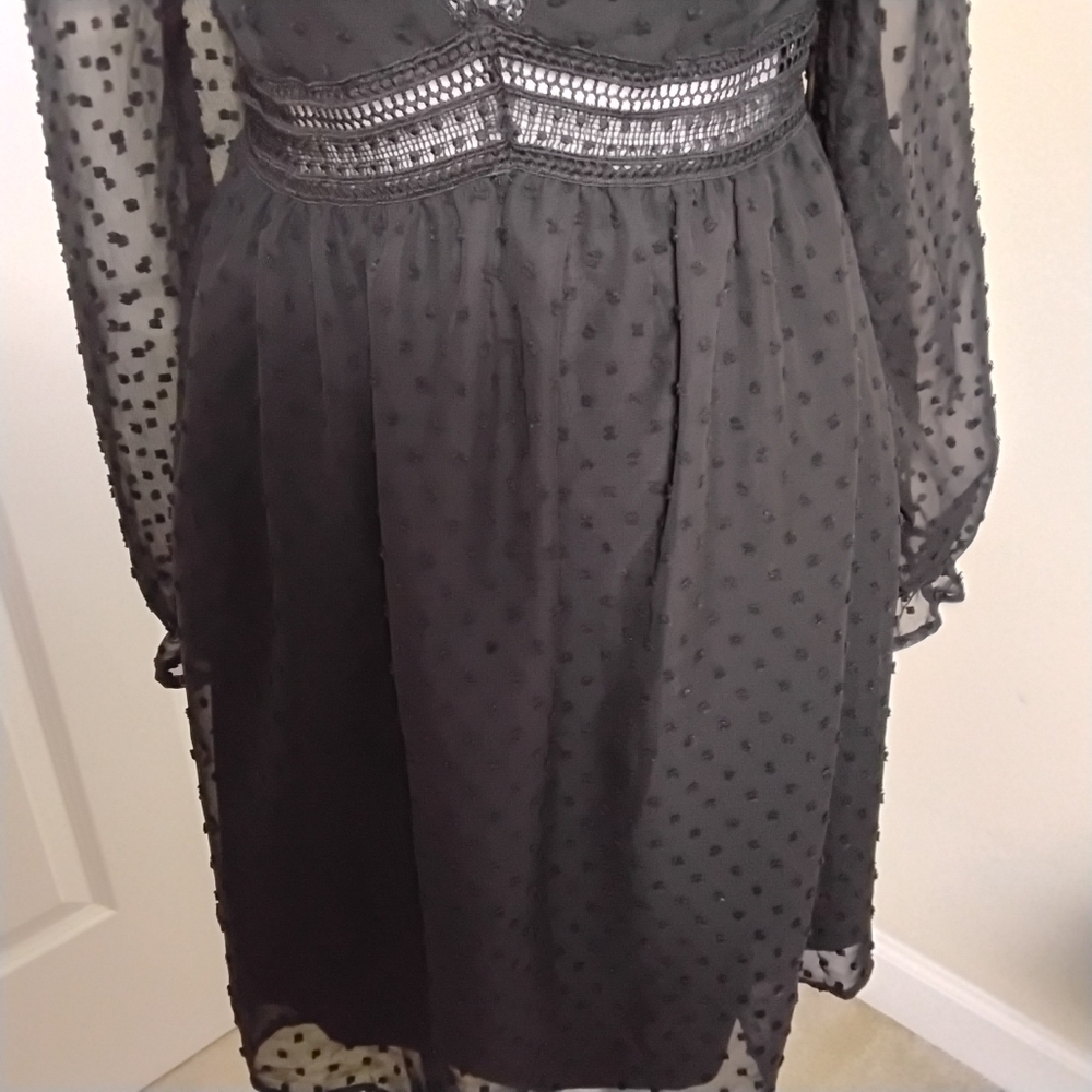 Shein Women's Black Scheer Deep V-Neck Long Sleeve Swiss Dot Tie Mini Dress L - Picture 8 of 9